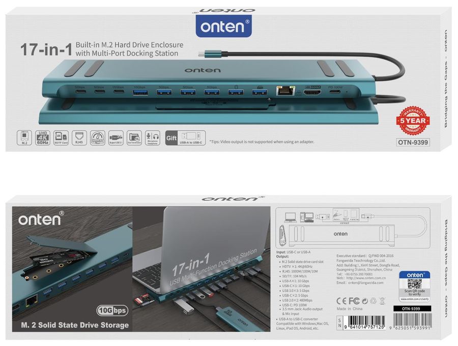 ONTEN OTN-9399 17-in-1 USB-C Docking Station with M.2 SSD Enclosure