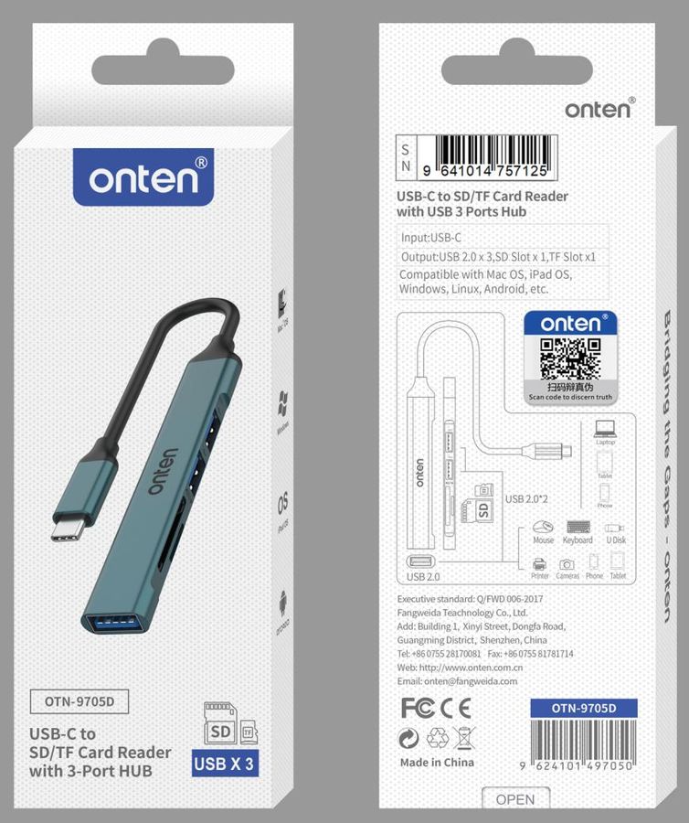 ONTEN OTN-9705D USB-C 2.0 Card Reader with 3-Port HUB