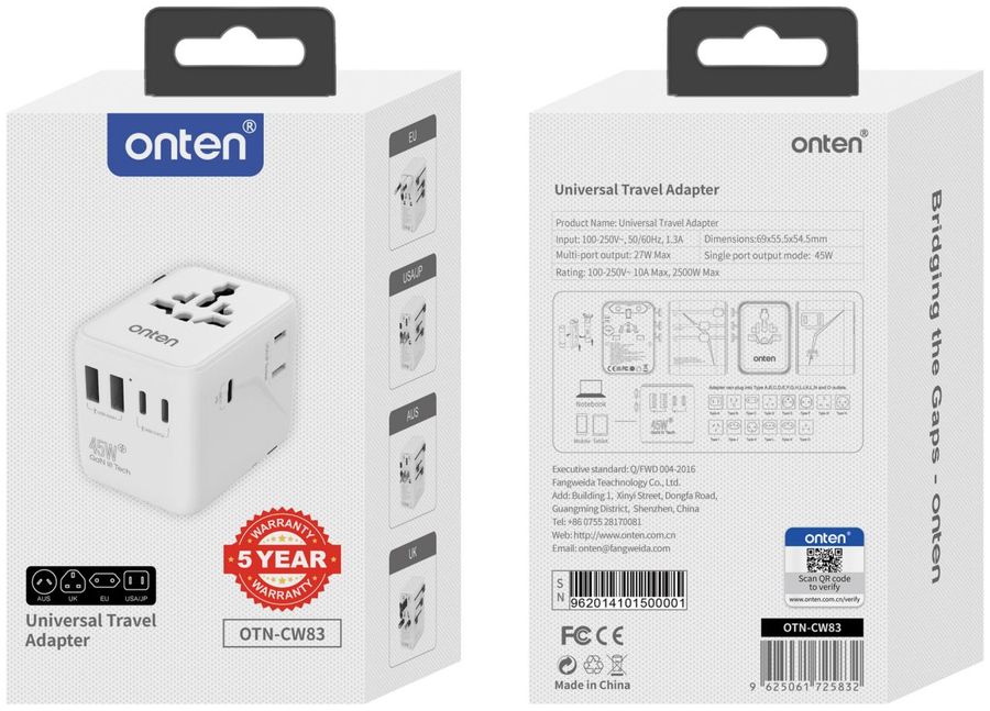 ONTEN OTN-CW83 Universal Travel Adapter 45W/100- 250VAC/10A/3C+2A