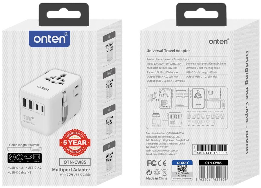 ONTEN OTN-CW85 Universal Travel Adapter 70W/100- 250VAC/10A/2C+2A+USB-C Cable