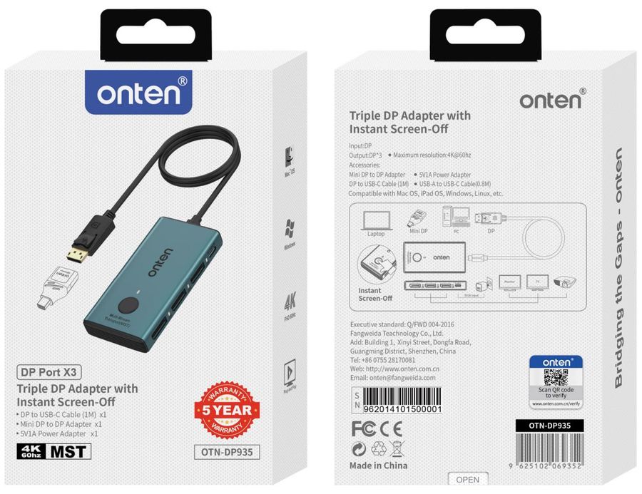 ONTEN OTN-DP935 Triple DP Adapterwith Instant Screen-Off