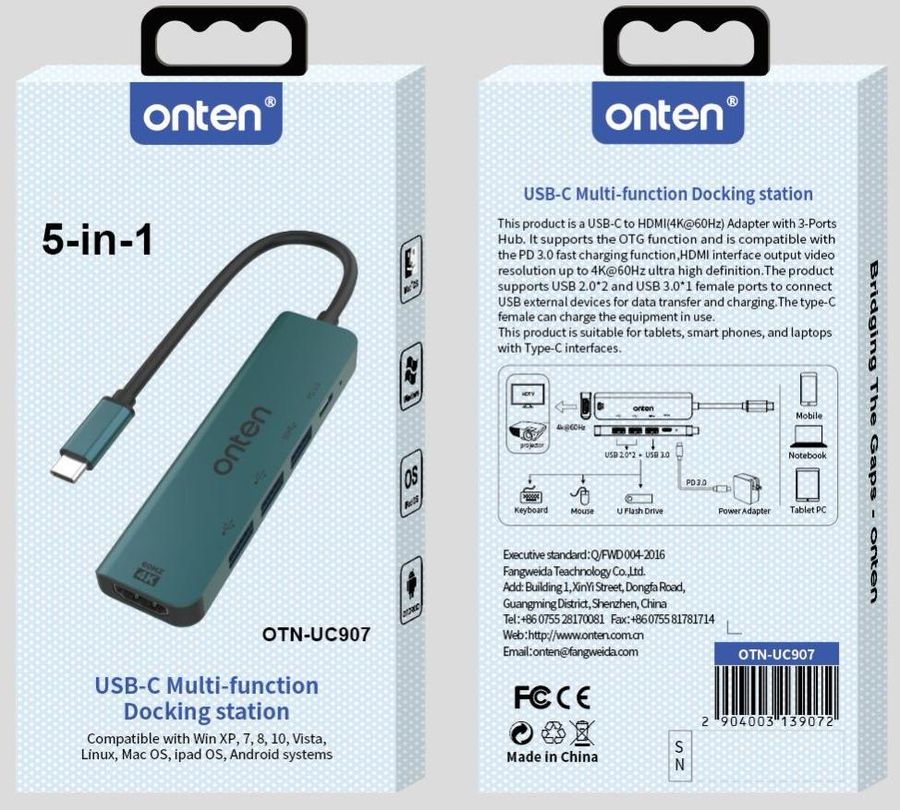 ONTEN OTN-UC907 5-in-1 USB-C Multi-function docking station HDMI+USB*3+Type- C(PD3.0) port