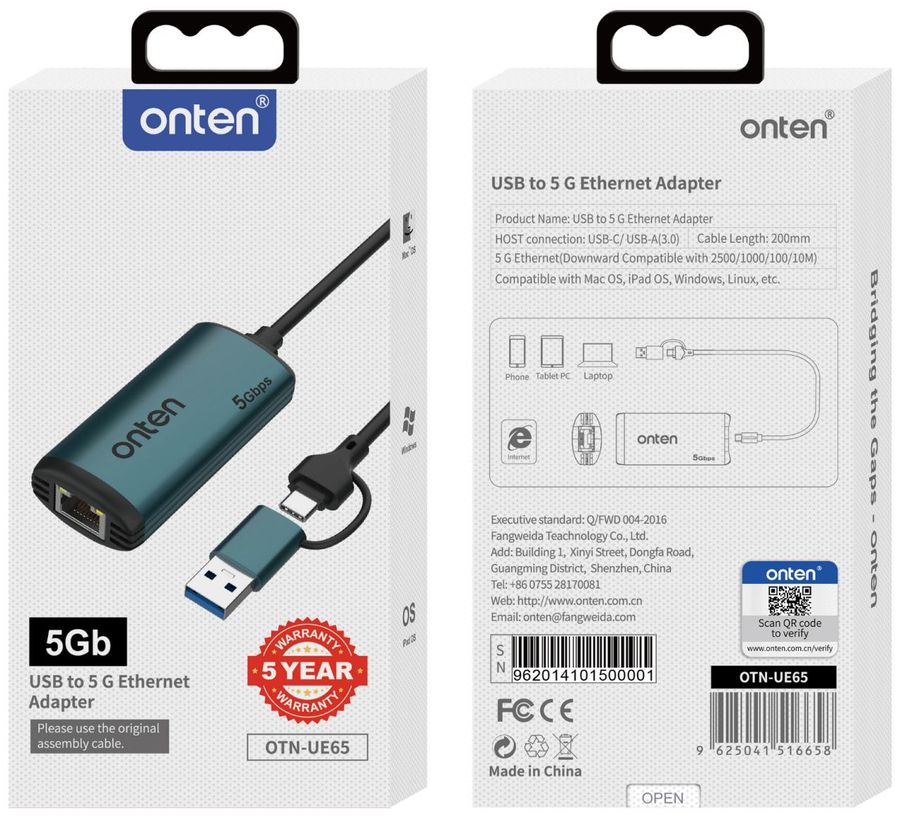 ONTEN OTN-UE65 USB-C/USB 3.0 to 5 G Ethernet Adapter USB-C/USB 3.0